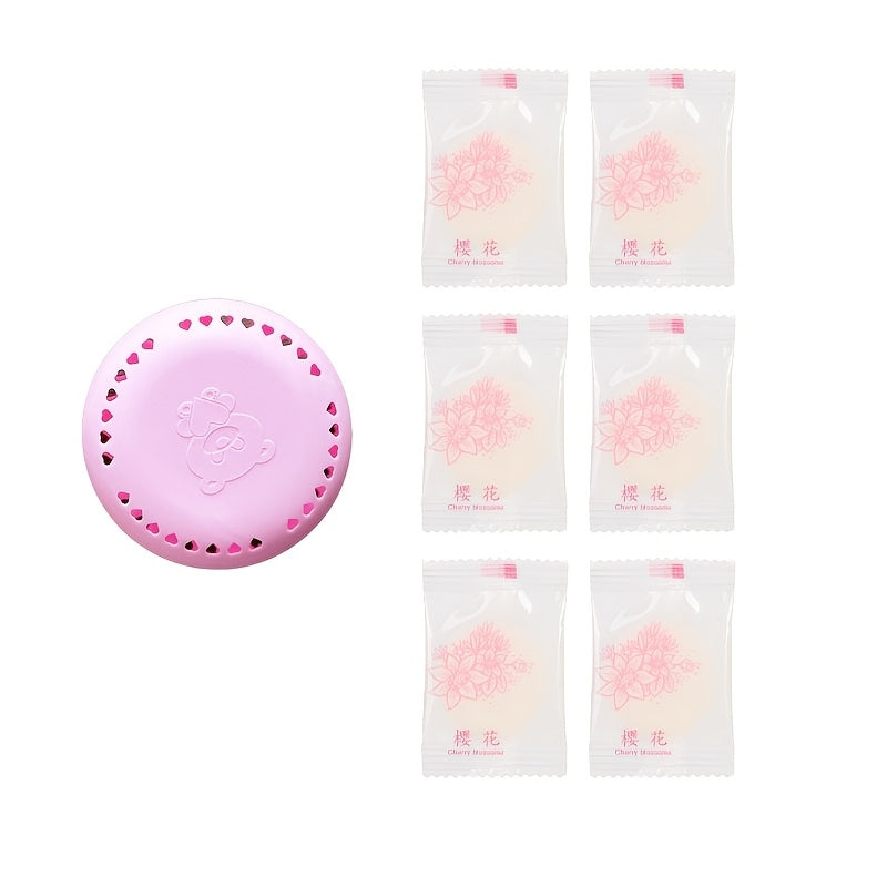 Six fragrance tablets and one box of long-lasting aromatherapy air freshener for use in various settings such as home, car, bathroom, bedroom, wardrobe, and toilet; suitable for ceramic surfaces, self-adhesive, and one-time use.