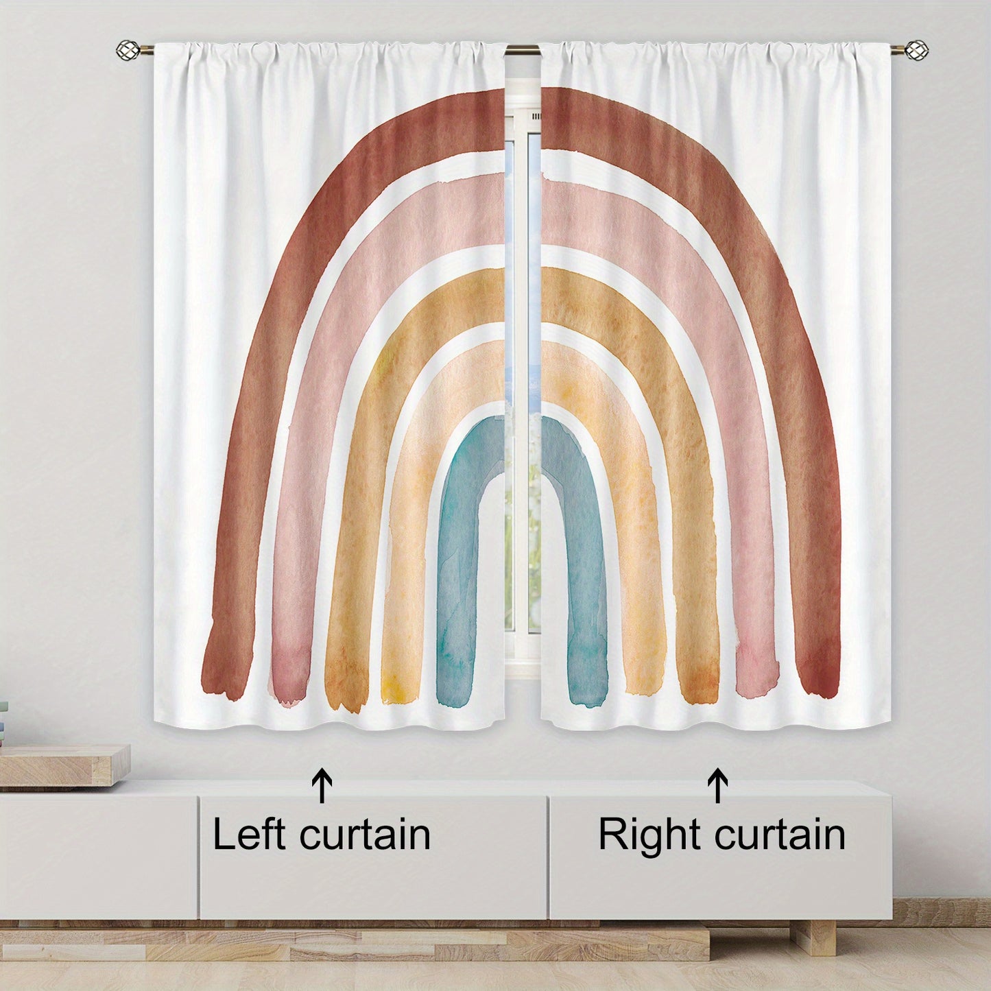 Polyester curtain with Bohemian Rainbow Cartoon design, 214cm x 160cm, 2 pieces.