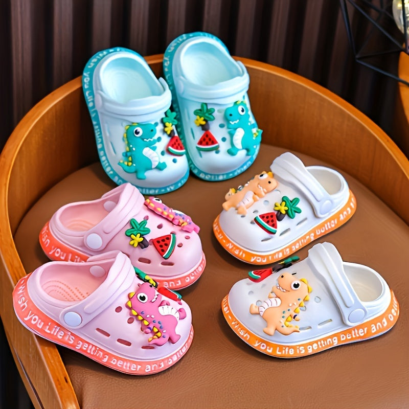 Cute cartoon dinosaur clogs for kids, perfect for indoor and outdoor use.