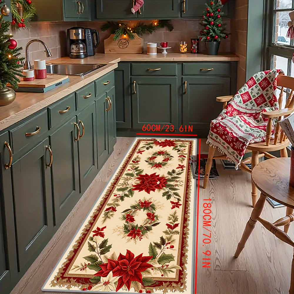 Indulge in the opulence of our Crystal Velvet Christmas Mat, boasting a plush 850g/m² weight and a luxurious 6mm thickness. Adorned with a stunning Poinsettia Flower design, this non-slip and dirt-resistant mat is incredibly soft and comfortable for any