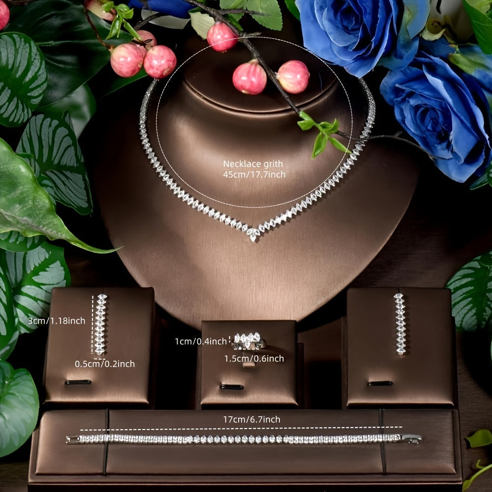 Exquisite Four-Piece Jewelry Set in Elegant Luxury Style - Featuring Copper with Platinum Plating and Synthetic Zirconia Accents, Perfect for Weddings and Banquets - Timeless Elegance for Any Occasion