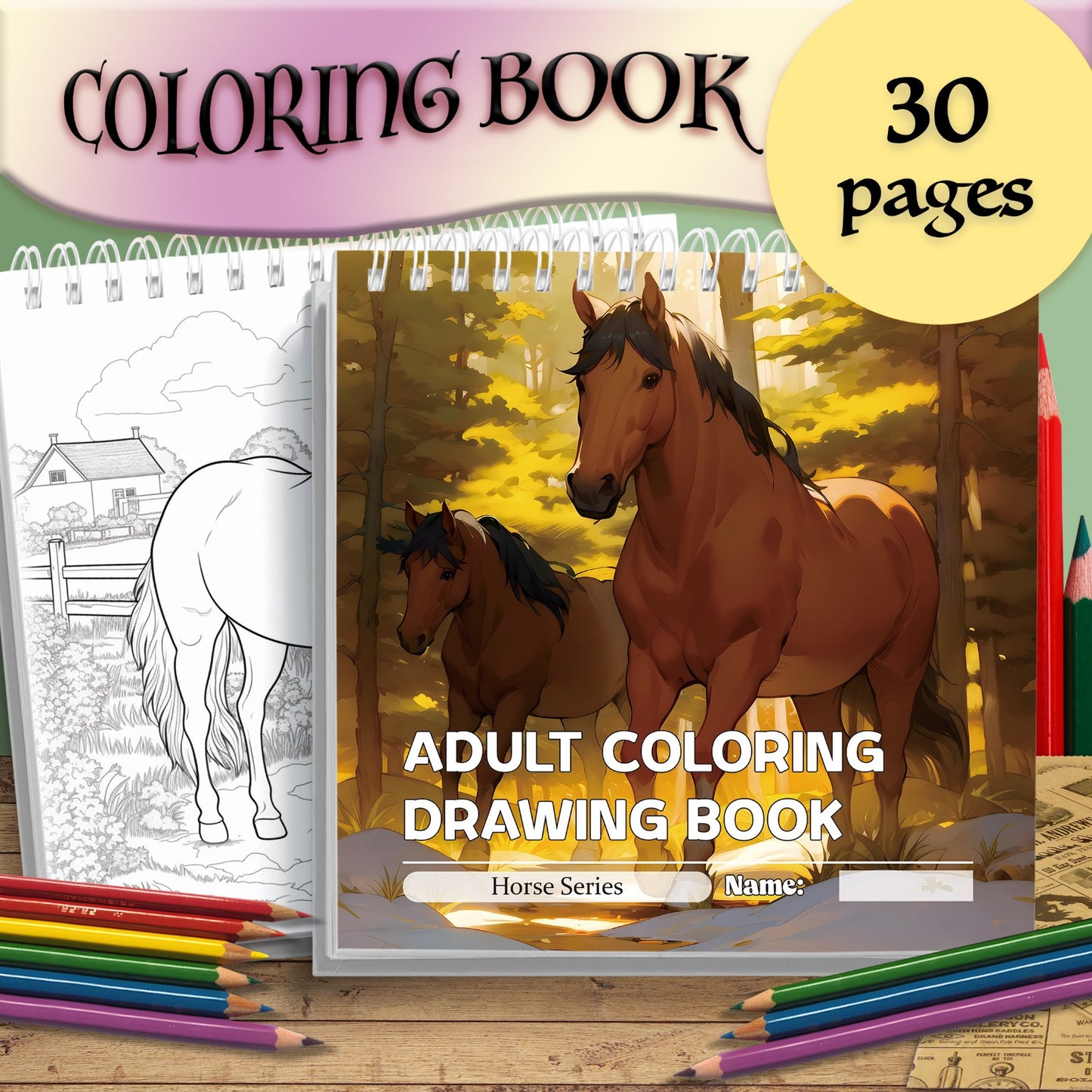 A horse-themed adult coloring book with thick pages, ideal as a holiday gift for friends.