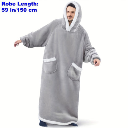 Vintage Blue with White Fur Trim Extra-Long Ultra-Soft Wearable Blanket Hoodie - Cozy Sweatshirt Robe with Pockets for Men & Women - Hypoallergenic and Machine Washable