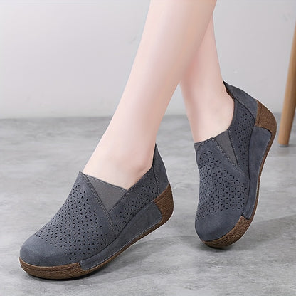 Breathable slip-on sneakers for women with hollow design, round toe, and non-slip PU sole.