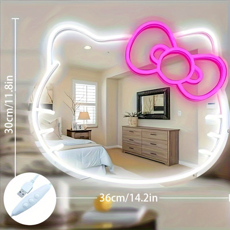 1pc USB-powered Hello Kitty Cartoon Oval LED Neon Light Mirror with dimmable plastic frame for various rooms - Glowing decor.