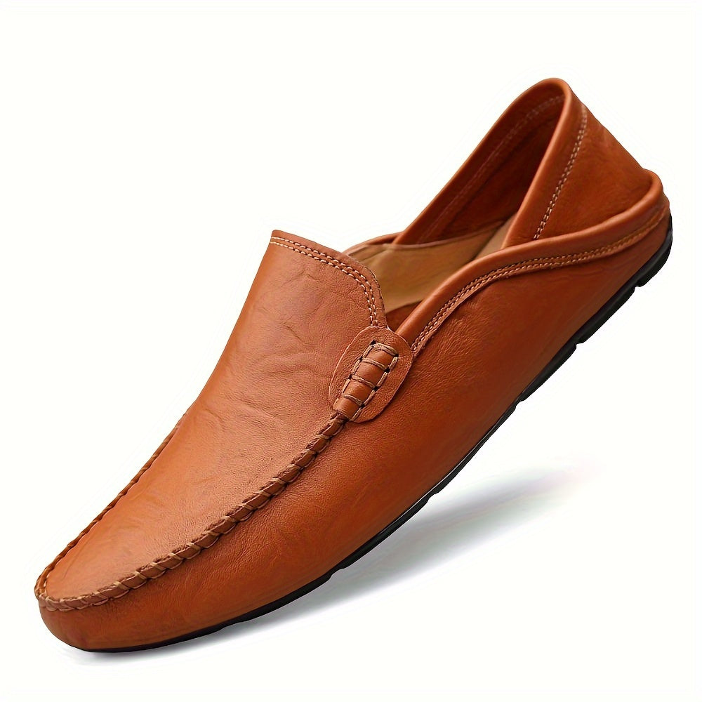 Men's plus size slip-on loafers with solid color faux leather, rubber sole, and round toe for year-round wear.