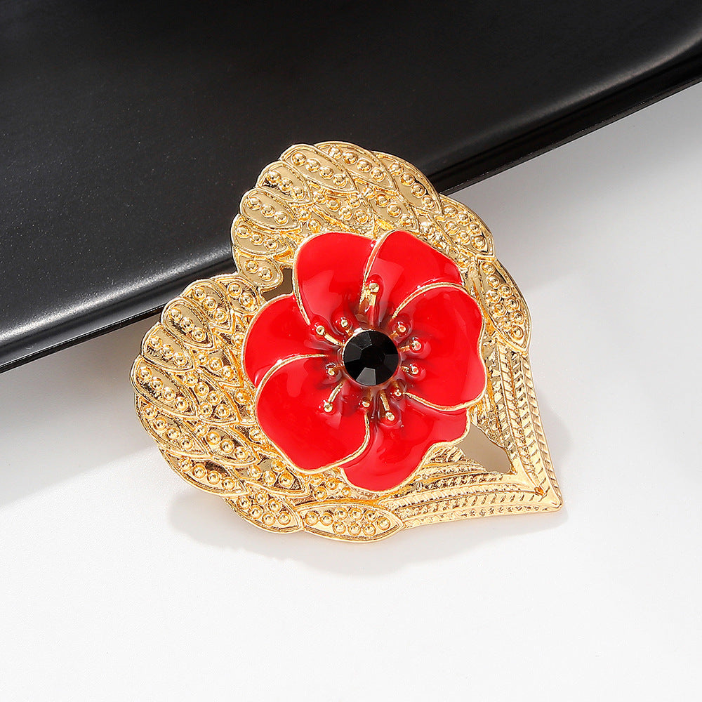 Add a touch of elegance and charm to your attire with this luxurious enamel brooch featuring a heart-shaped poppies design with unique accents. Perfect for enhancing the style of clothing and hats.