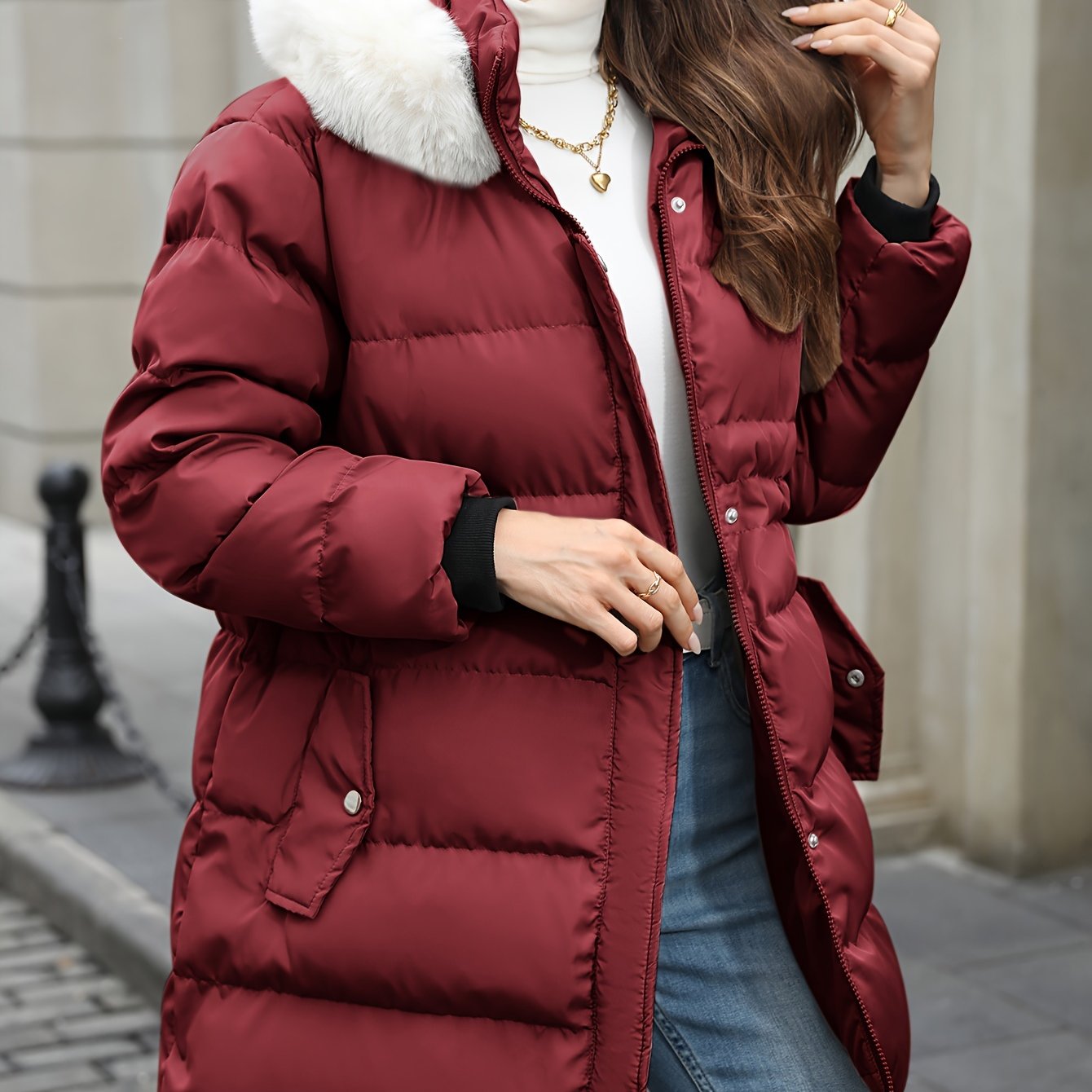 Women's casual hooded puffer jacket in solid color, with long sleeves, regular length, and non-stretch polyester. Features a zipper detail, placket closure, and H-fit for fall/winter.