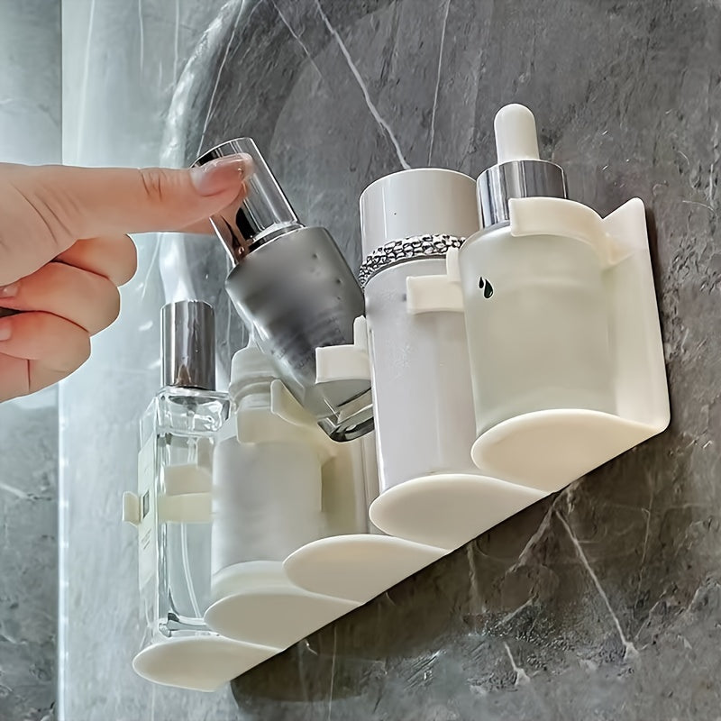 Simple to install bathroom storage rack for cosmetics and essentials, no drilling required.