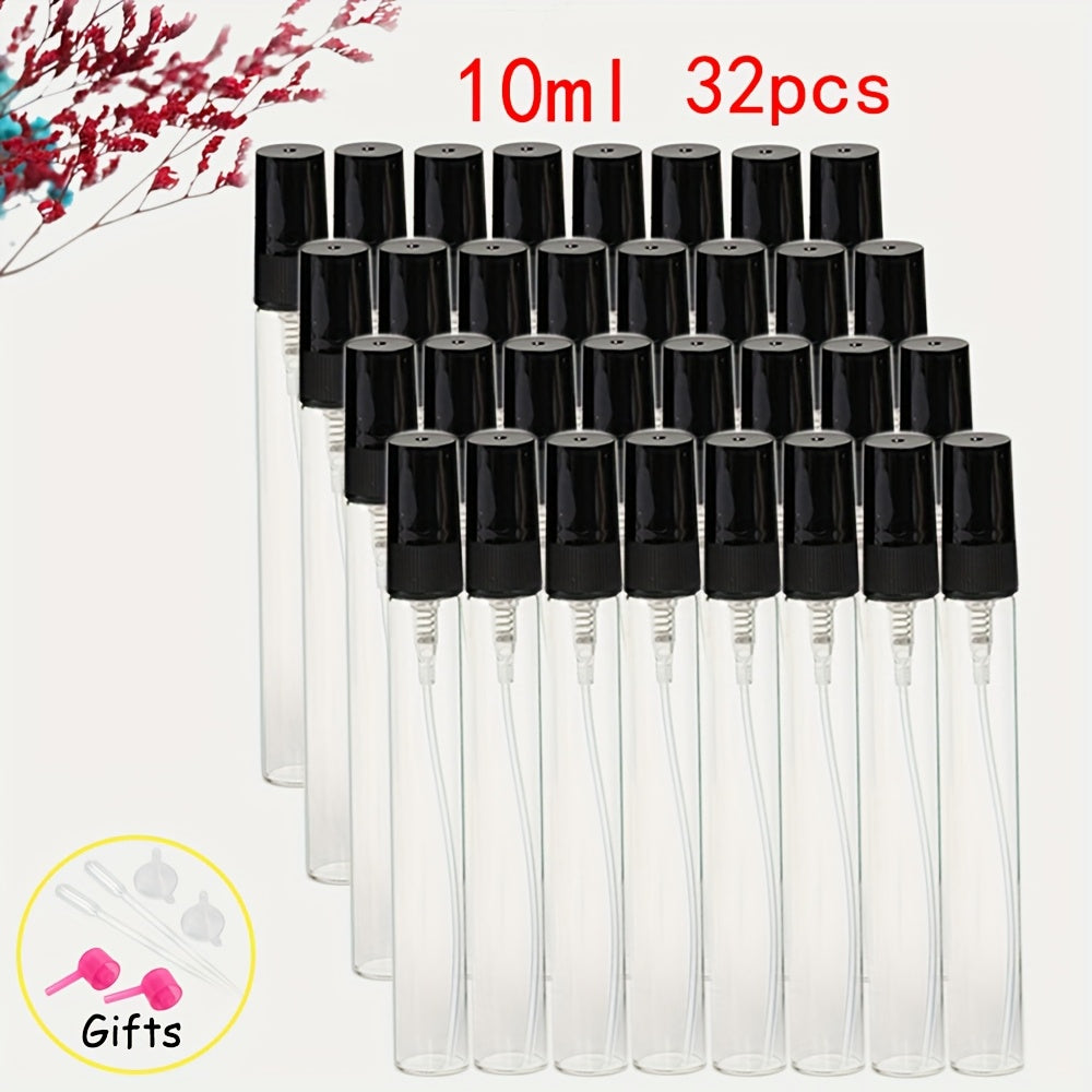 56 transparent glass perfume bottles with refillable spray nozzles in various sizes, ideal for travel and moisturizing.