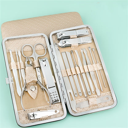 Professional 19-piece stainless steel nail care set for manicures and pedicures, includes cuticle nippers, clippers, files, and grooming tools. Ideal for precision trimming and shaping