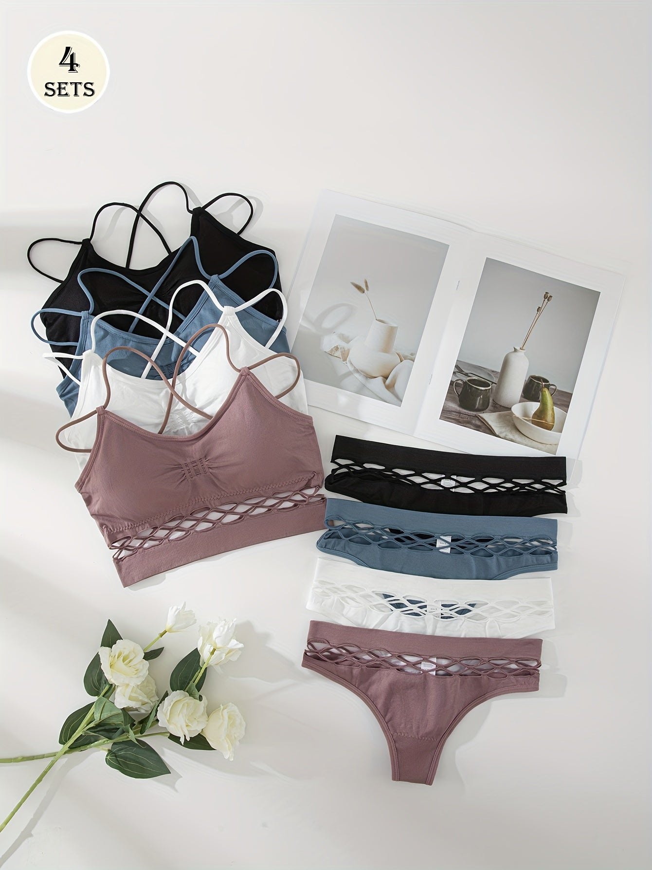 8-piece women's underwear set with removable cups, high support, bralette, and low-rise triangle underwear in different colors.