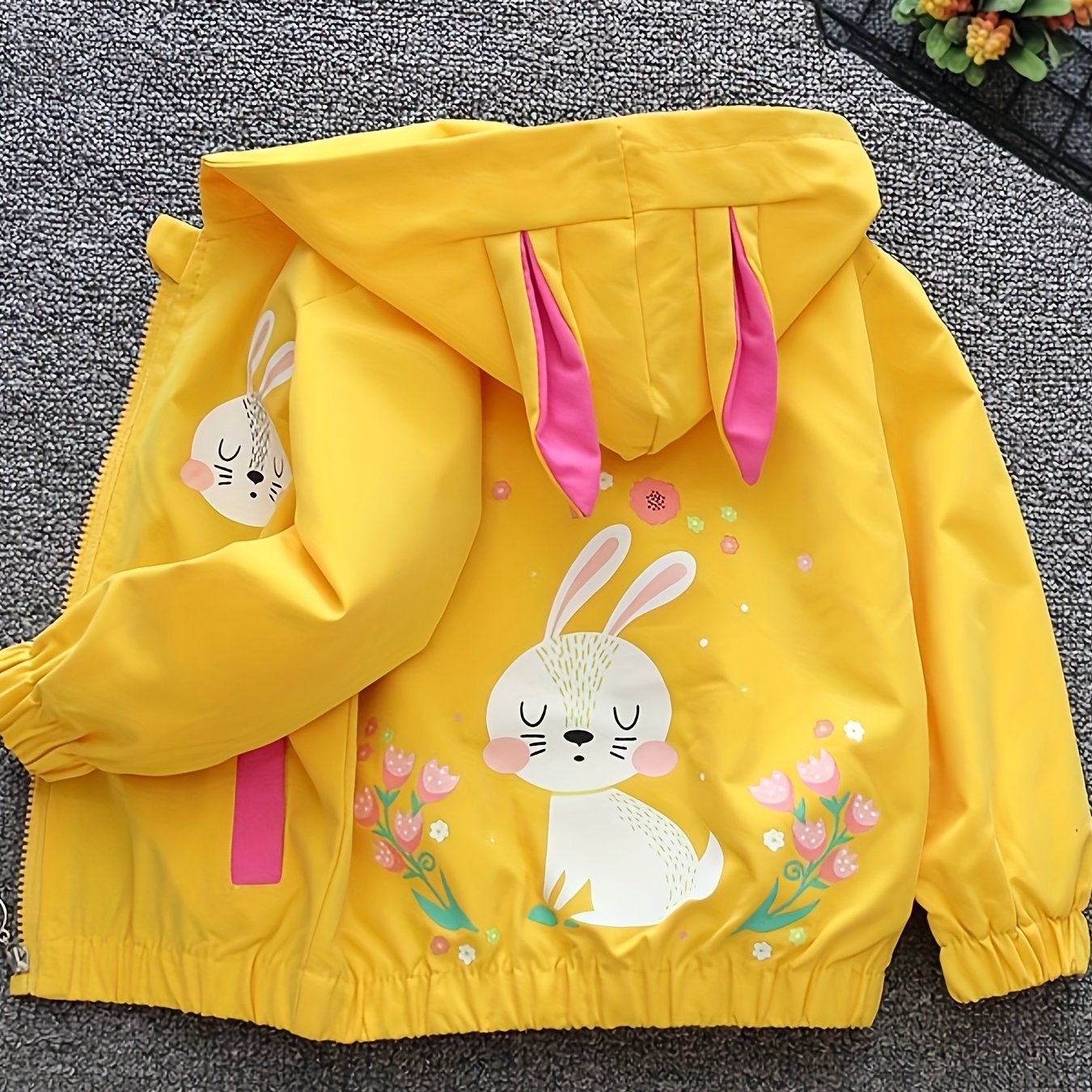 Girls' Hooded Coat with Rabbit and Flower Design, Ideal for Outdoor Activities in Spring/Autumn