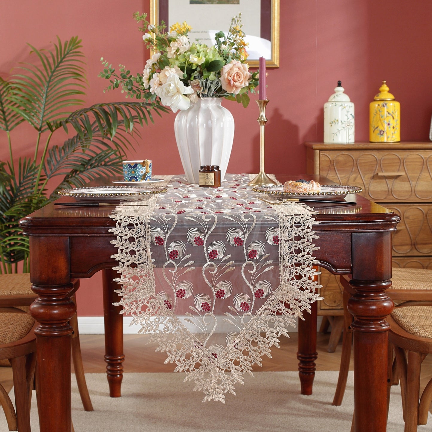 Polyester embroidered table runner for holiday and wedding decor.