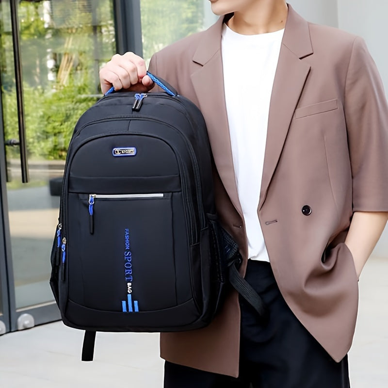 Men's high-capacity nylon backpack with casual style, suitable for travel and school. Fashionable and practical for high school and college students. Features zipper closure with random