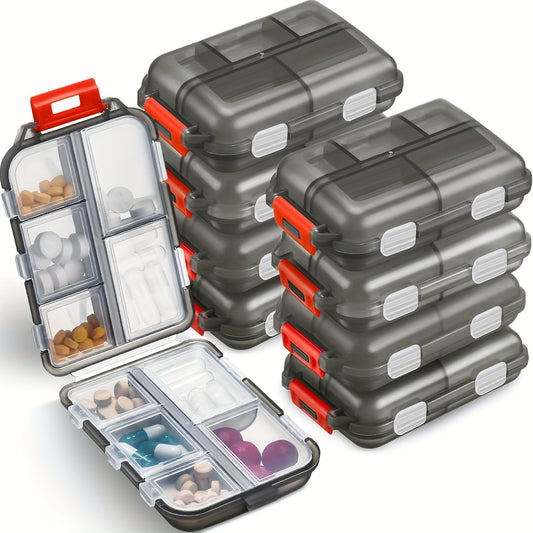 Portable double-layer pill case with 10 compartments and individual lids, ideal for travel.