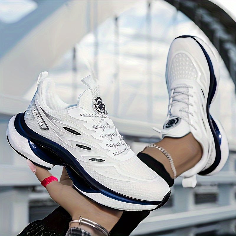 Mesh blade sneakers with color blocking, soft sole lace-up platform shoes for casual walk and light run.