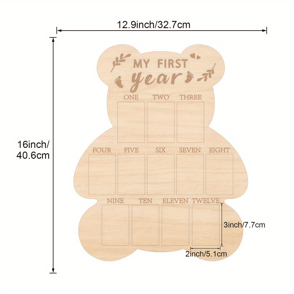 Baby's First Year Milestone Bear Photo Display: 12 Months, Wooden Keepsake Board - Ideal for Boys and Girls.