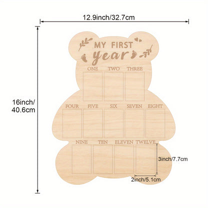 Baby's First Year Milestone Bear Photo Display: 12 Months, Wooden Keepsake Board - Ideal for Boys and Girls.