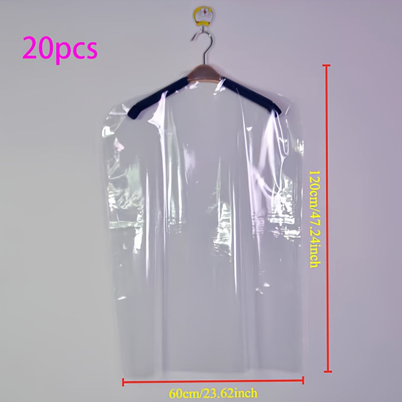 Transparent plastic garment bags, 20/50 pieces in a pack, designed for storing clothes like suits, shirts, dresses, and coats. These dustproof storage covers are perfect for keeping your wardrobe organized in the bedroom or dormitory. Easy to carry and