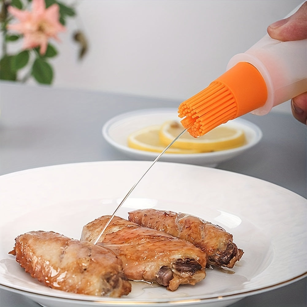 Portable silicone oil bottle with brush for outdoor baking and BBQ.