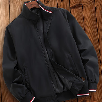 Men's casual striped jacket with pockets, stand collar, zipper closure, and long sleeves, suitable for outdoor wear.