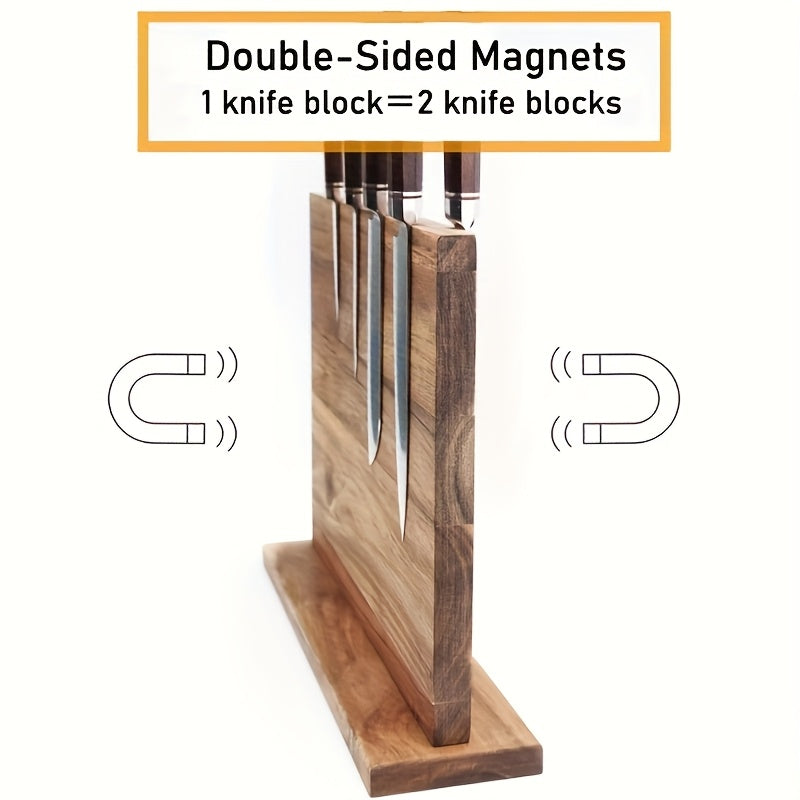 Organize your kitchen knives in style with the Acacia Wood Magnetic Knife Block Stand. This knife set holder features a strong magnetic strip to securely hold your knives. It's not just a practical tool for your kitchen - it also doubles as a