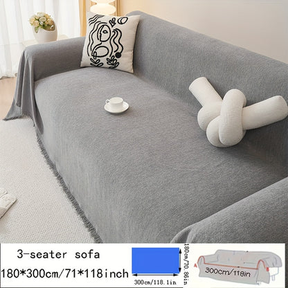 Contemporary chenille sofa throw, waterproof baby fleece cover, universal fit for all-season use. Features tassel embellishment and is machine washable. Made of 100% polyester, suitable for various furniture sizes in different rooms.