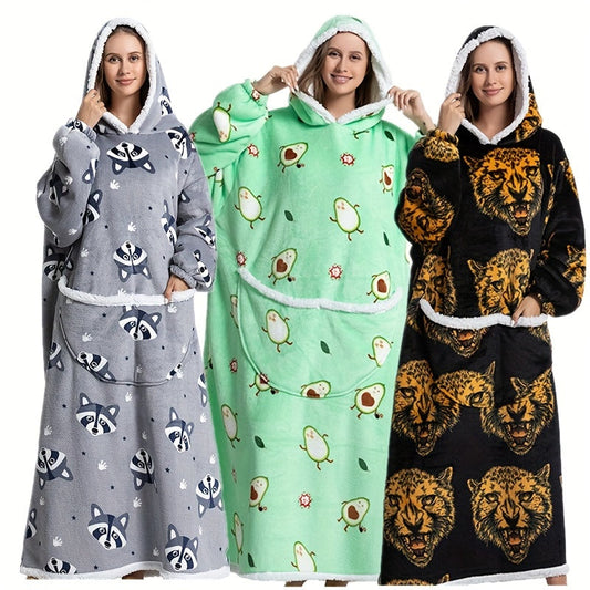 Stay warm and cozy in this Extra Long Wearable Blanket Hoodie featuring a Preppy Style Oversized Flannel design with Animal Print for Adults. Made with Polyester Knit Fabric, this Hand Wash Only Cozy Giant Hoodie is perfect for those chilly nights. 1pc