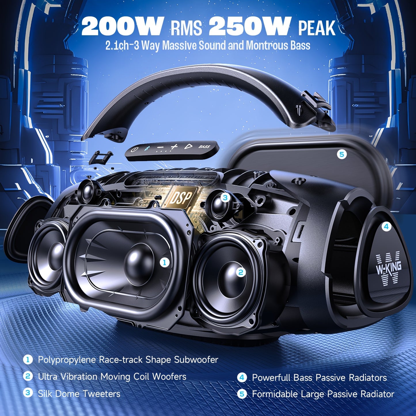 W-KING 200W RMS 250W Peak Ultimate Portable Wireless Speaker, Outdoor Speaker with APP Control, 5 Drivers in 3-Way System, Party Speaker with Bass Boost, USB, TF Card, AUX, Guitar Input for