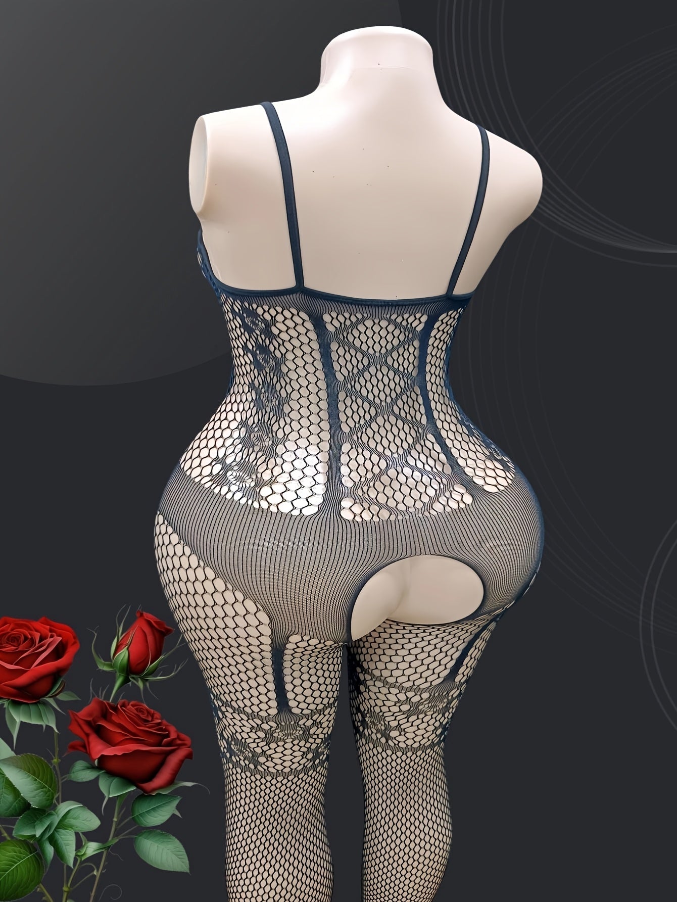 Seductively sheer mesh bodysuit with garter socks and intricate jacquard design.