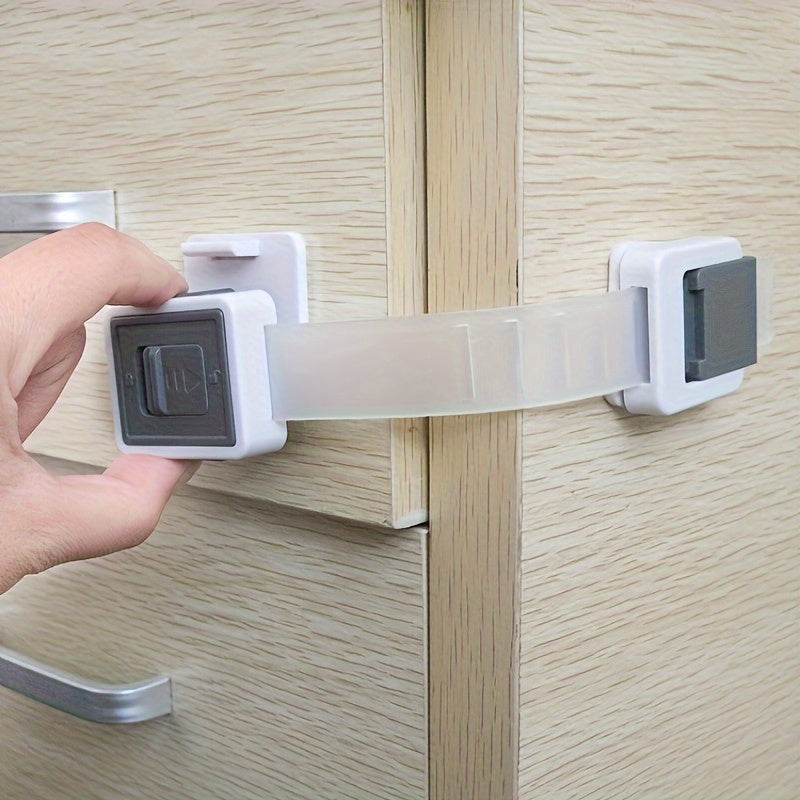 Multifunctional Safety Locks for Children, available in 1 piece, 2 pieces, 5 pieces, or 10 pieces. These locks are designed to prevent pinching and can be adjusted for use on cabinets and drawers. Made from Phthalate-Free Acrylonitrile Butadiene Styrene