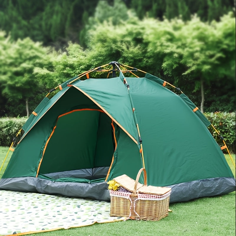 Fully automatic 4-person tent in lush green with durable poles, waterproof polyester blend, easy zip closure, portable for all seasons.