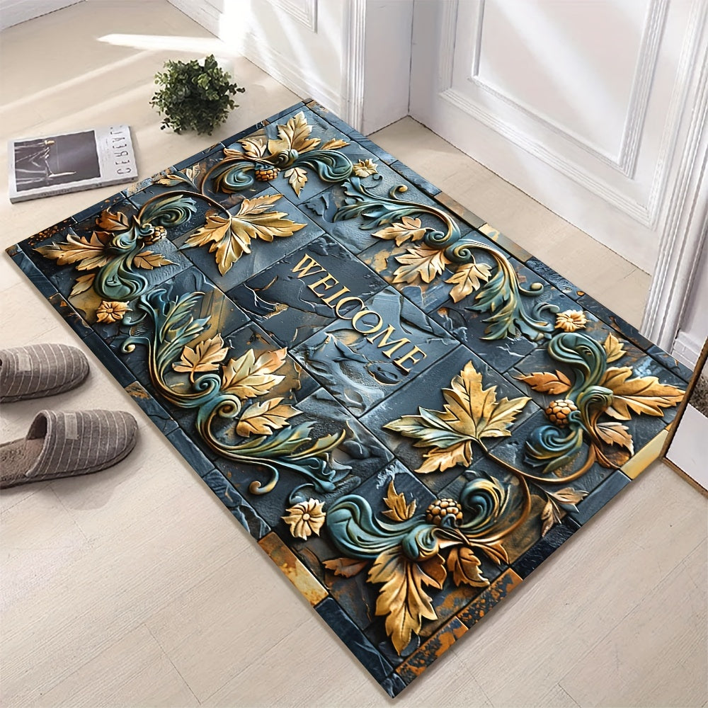 Introducing the 3D Realistic Stone Pattern Mat with Plant Relief, crafted with a 6mm thick layer of 100% polyester material. This luxurious mat boasts a plastic dot bottom and finely locked edges, weighing 800 grams per square meter. Its slip-resistant