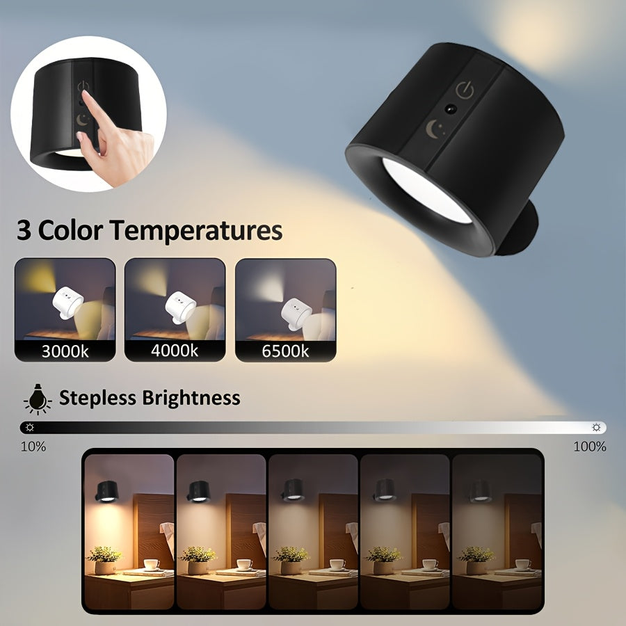 Dimmable LED wall lamps with touch control, reading lamp with bi-directional lighting, 3 brightness levels & 3 color modes, rechargeable battery, wireless design for multiple rooms.