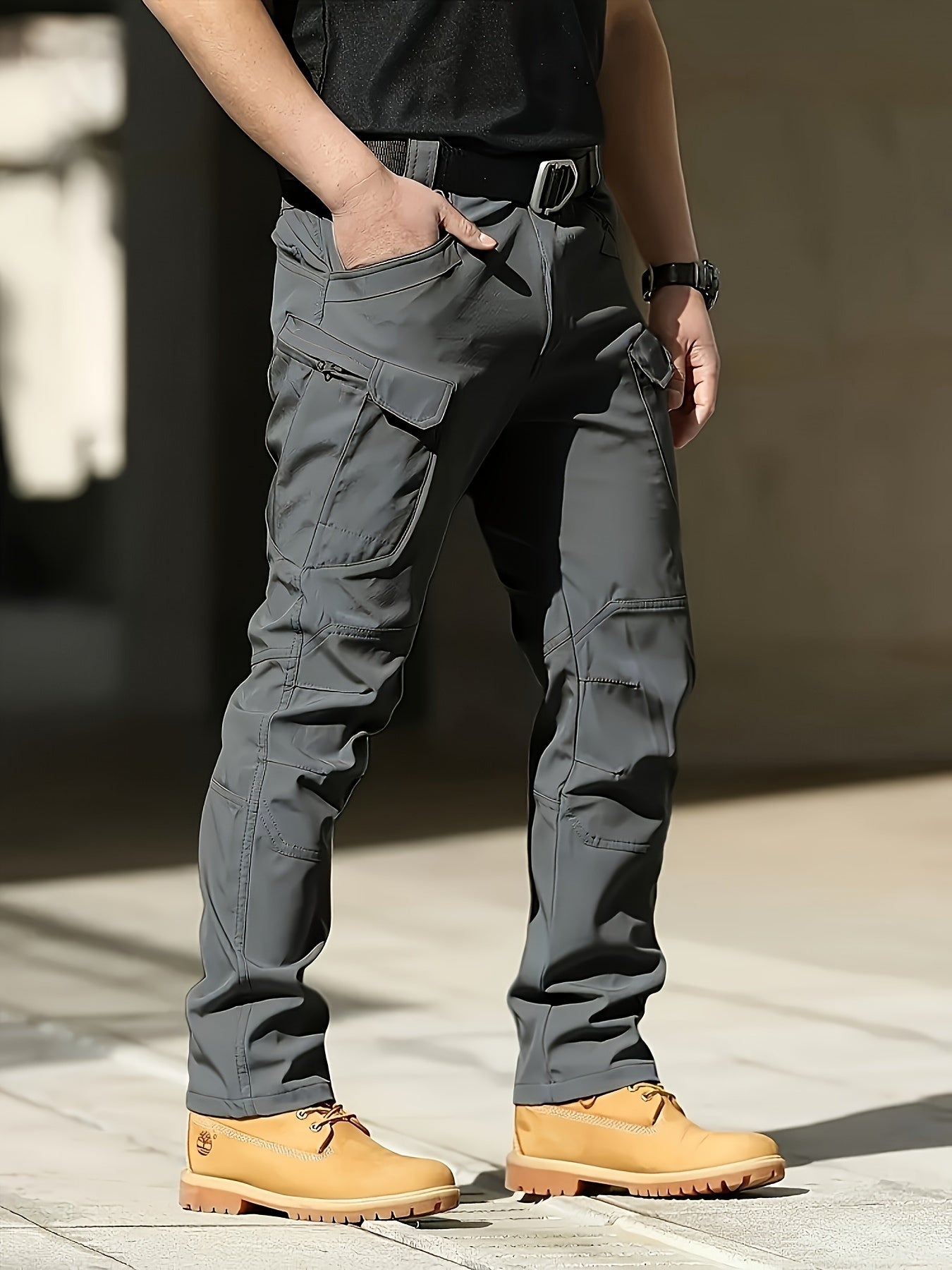 Men's Tactical Cargo Pants in Dark Gray for outdoor and hiking activities, made of durable lightweight polyester with multi-pocket design. Casual military style, machine washable for