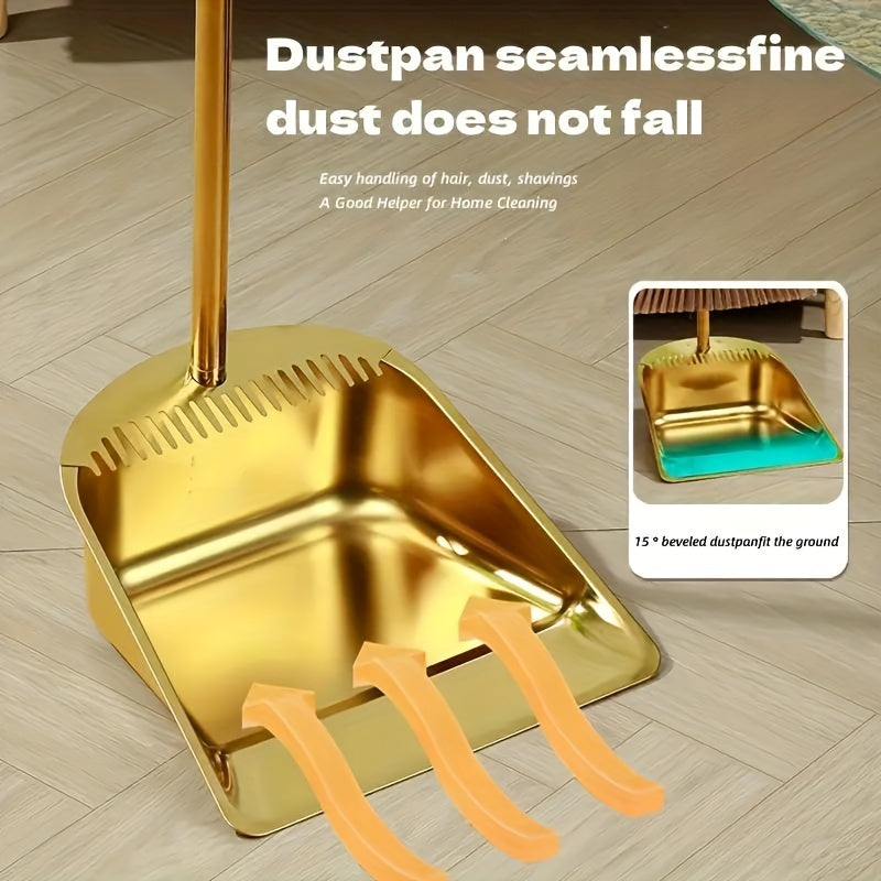 Elegant Gold Stainless Steel Broom and Dustpan Set - High Quality 2 Piece Set, Sturdy & Reinforced for Effective Home Cleaning - Ideal for Any Room in the House, Including Living Room, Bedroom, Bathroom, Kitchen, and Hardwood Floors.