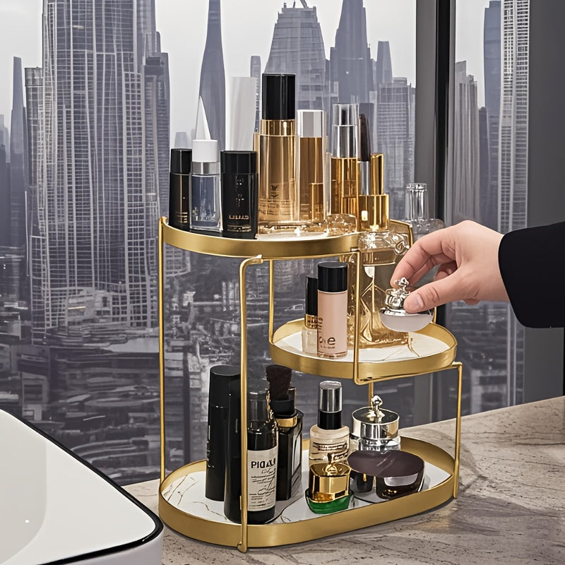 Stylish Gold Tiered Makeup Organizer - Portable, No Assembly Required - Ideal for Both Men and Women