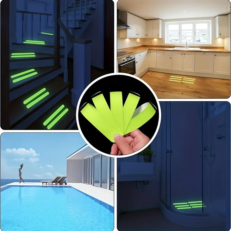 Six pieces of glow-in-the-dark waterproof and non-slip stickers with self-adhesive backing. These strips are perfect for ground steps and stairs, as well as bathroom bathtubs. They provide fluorescent anti-slip protection for added safety.