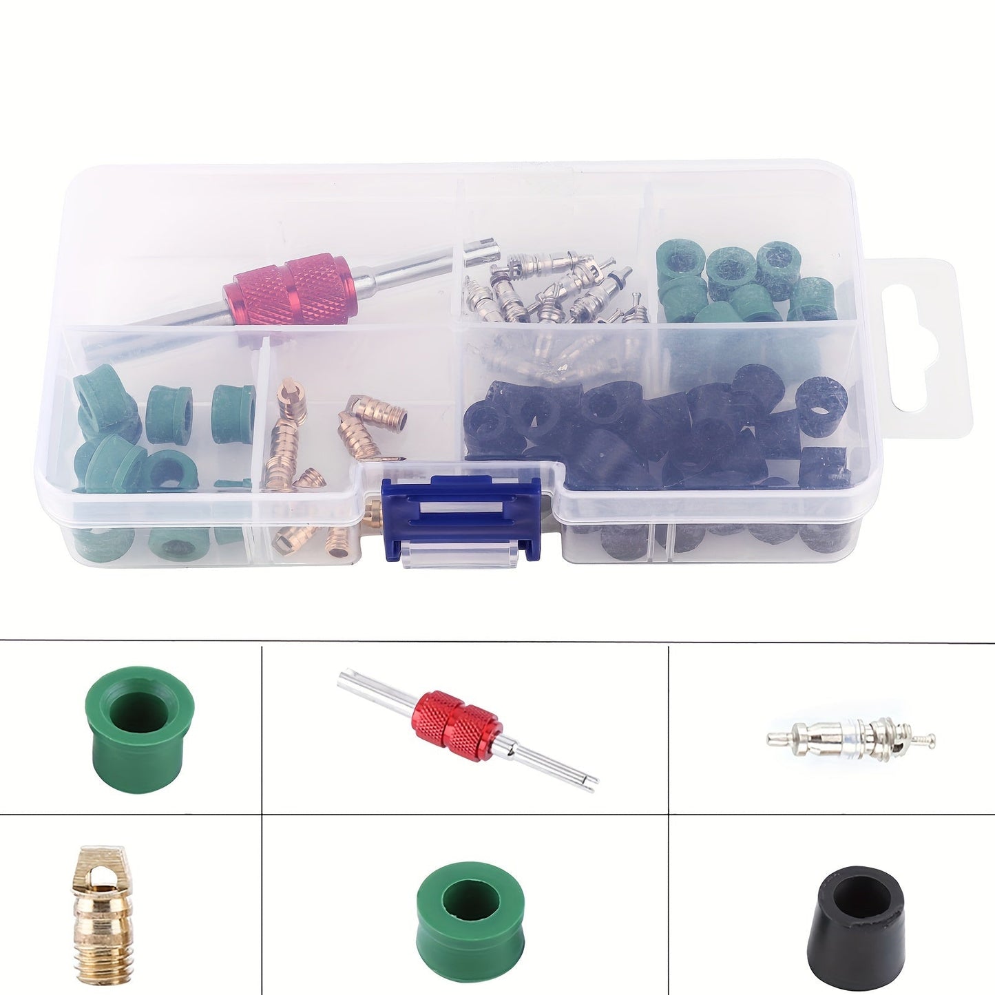 Complete Air Conditioner Repair Tool Kit, consisting of 51, 71, or 91 pieces - Ideal for Professional Air Conditioner Maintenance and Repair. Includes Valve Core Tools, 10 Valve Cores, Hose Gasket, and 10 Valves for an Efficient Solution to Car Air