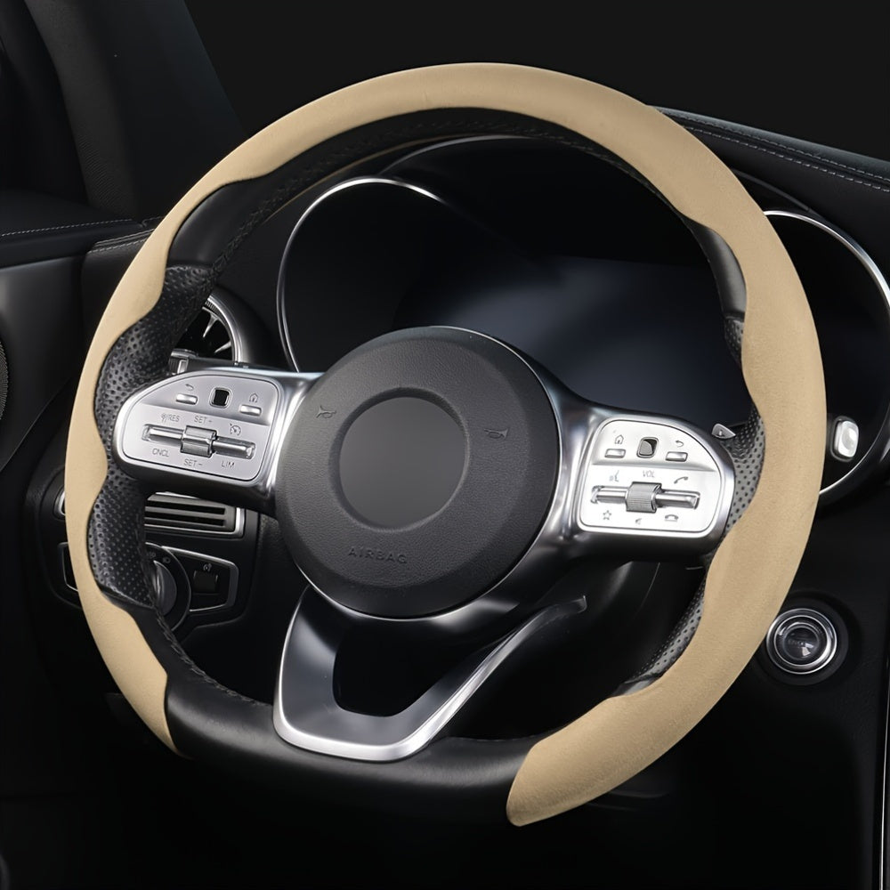 Non-slip, universal steering wheel cover with sweat-absorbing buckle for cars.