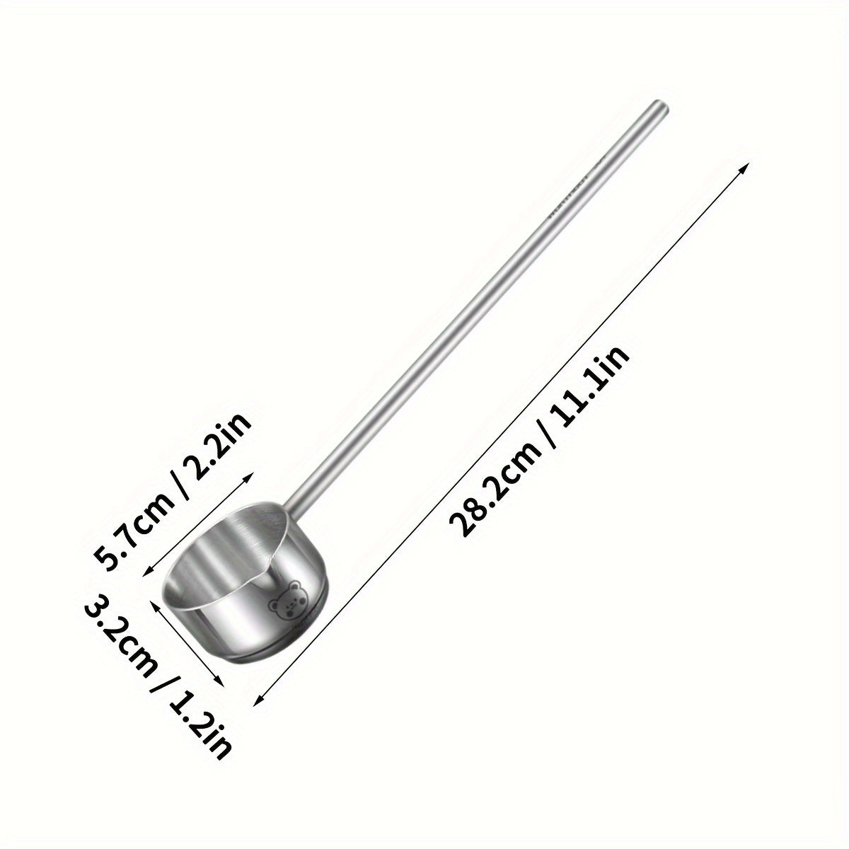 Stainless steel long-handled soup spoon with cute bear pattern; anti-scald and oil splash guard for kitchen and restaurant use; made of 304 stainless steel; also serves as a sauce spoon.