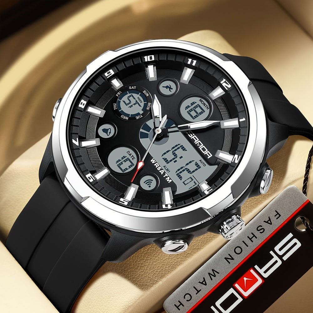 The SANDA Men's Sports Watch is a multifunctional chronograph quartz timepiece that is water-resistant up to 5ATM. Featuring a date display, round zinc alloy case, and silica gel strap, this watch is powered by an electronic drive and a non-rechargeable