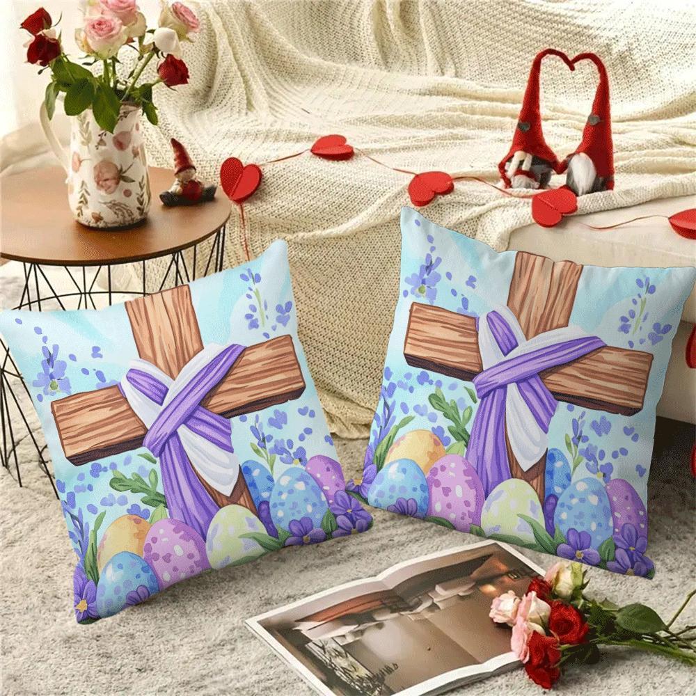 Pillow Cover Set featuring Modern Floral Easter Egg & Cross Design, Pack of 2, 45.72x45.72 cm, Easy to Wash in Machine, Comes with Zipper Closure, Year-round Comfort, Perfect for Sofa and Bedroom Decor, Insert Not Included