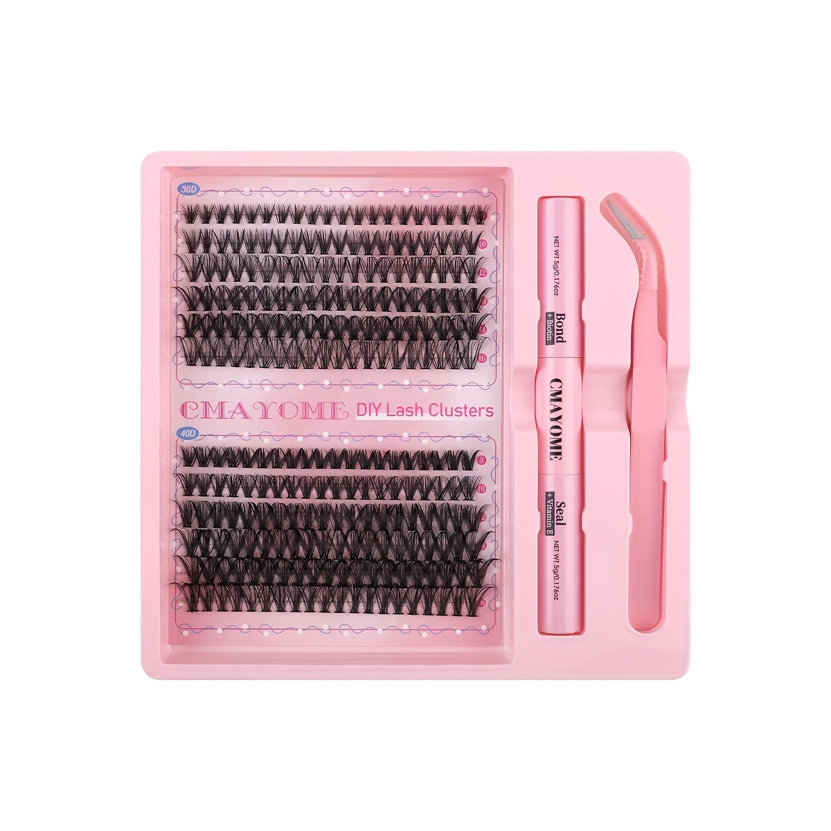 Pink Series DIY False Eyelashes Set includes 240pcs of C-shaped Curly False Eyelashes and 140pcs of Glue Tweezers. Features 8-16mm length, low sensitivity, easy application, and