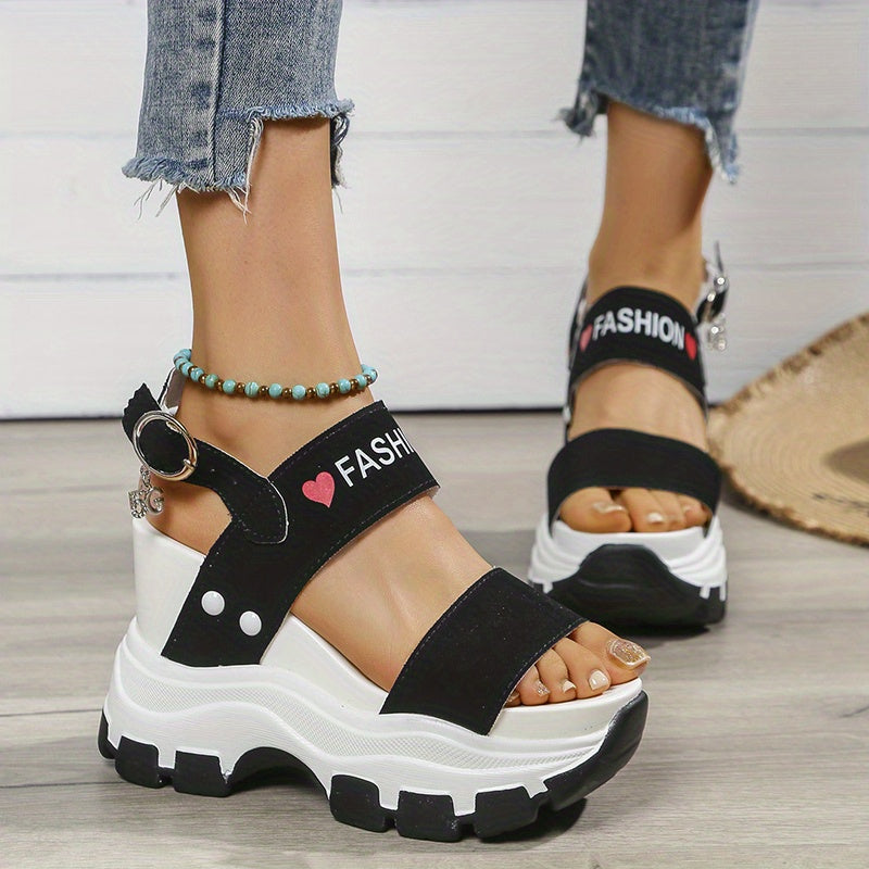 Women's Wedge Heeled Sandals with Ankle Strap and Metal Buckle, Fashionable Casual Footwear