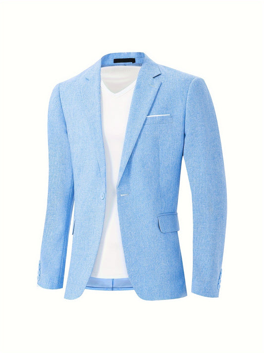 Men's casual business blazer with lapel collar, suit sleeve, and pocket details in solid color polyester. Regular fit with single button closure, suitable for all seasons and weekend casual