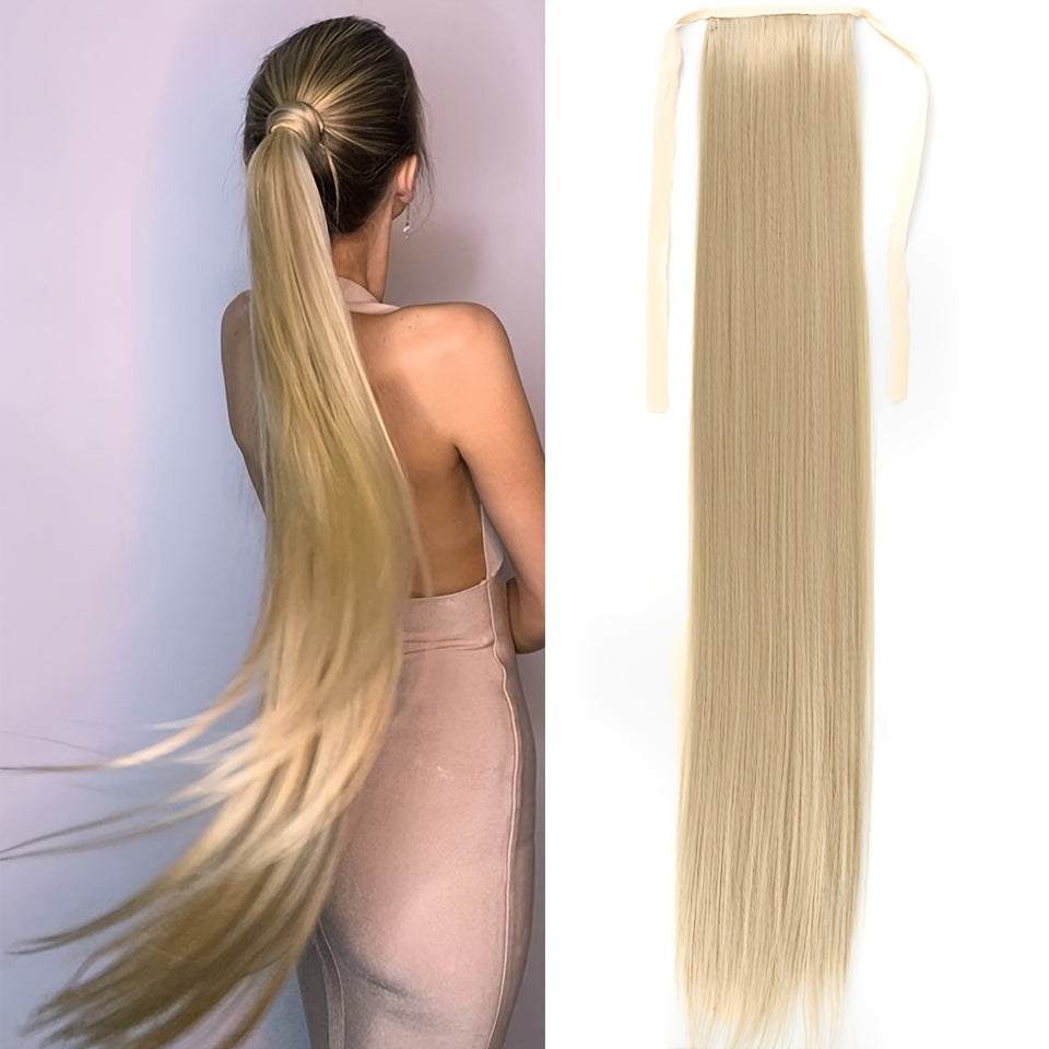 81.28 cm Black Synthetic Straight Ponytail Hair Extension, Drawstring Style for Women