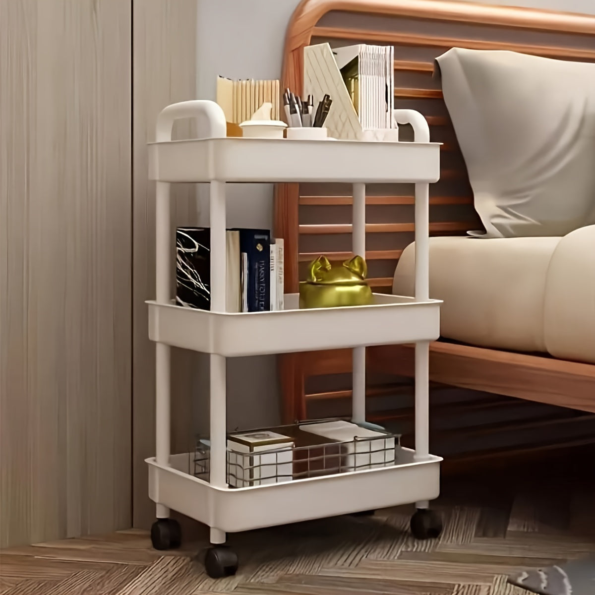 Multi-purpose Rolling Cart with Wheels - Ideal for Storing Snacks, Books & Essentials in Bedroom, Living Room, or Bathroom