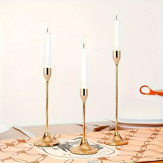 Set of three elegant single-head candle holders for romantic European home décor, perfect for candlelight dinners or weddings. Includes black and gold cone candle holder stands for table centerpieces and room decoration.